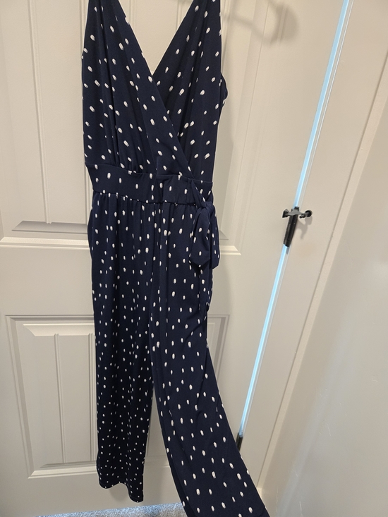 Kaileigh Pants - Kaileigh Navy and White Polka-Dot Wrap Jumpsuit with Tie Waist